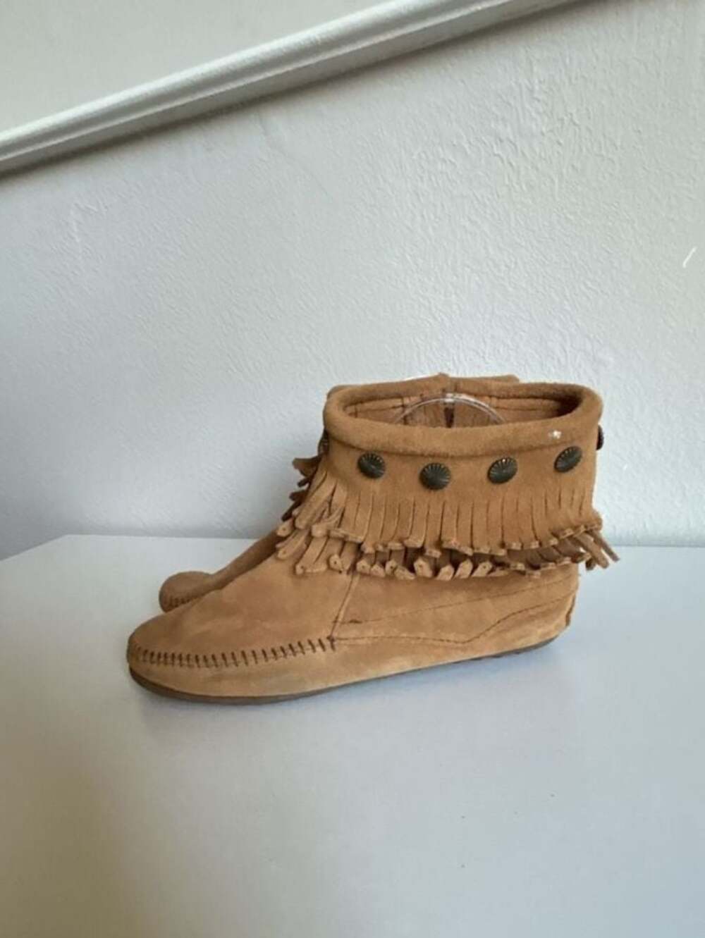 Minnetonka Suede Fringe Ankle Boots with Studs-6.5